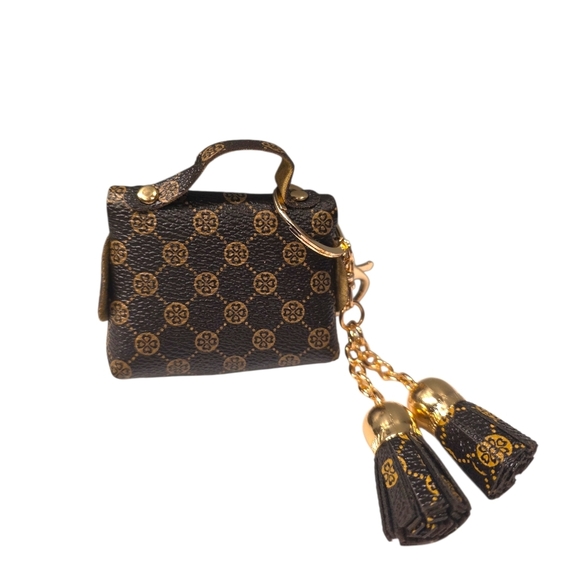 Chic Brown Patterned Keychain Bag with Gold Details - Picture 9 of 10